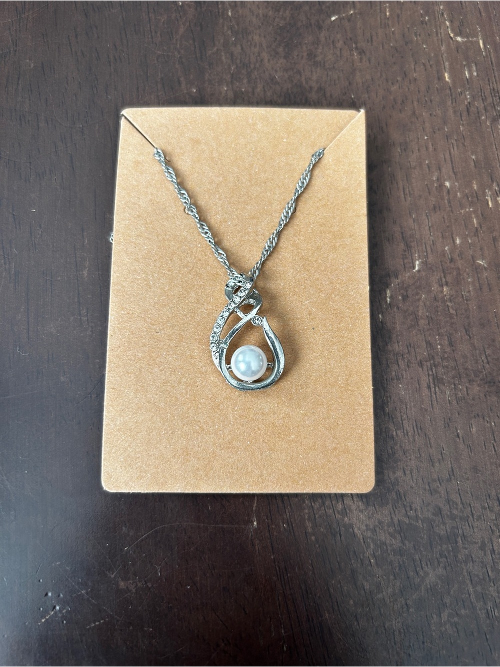 Silver Pearl Teardrop Pendant Necklace with Sparkling Accents